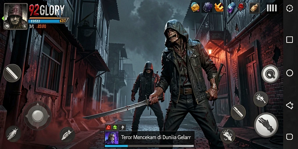 Tampilan gameplay mencekam dari 92GLORY dengan atmosfer gelap dan menegangkan.