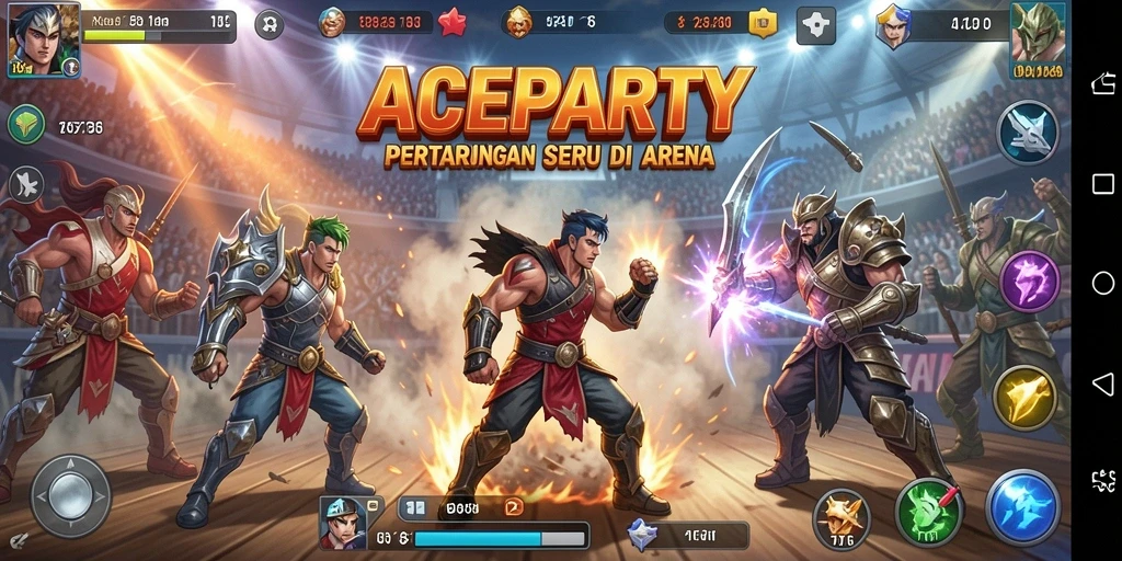 Gambaran gameplay seru ACEPARTY dalam pertarungan arena.