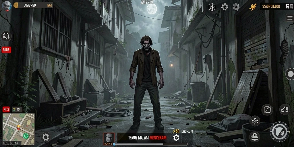 Screenshot gameplay menakutkan dari AMS789 dengan efek menyeramkan.