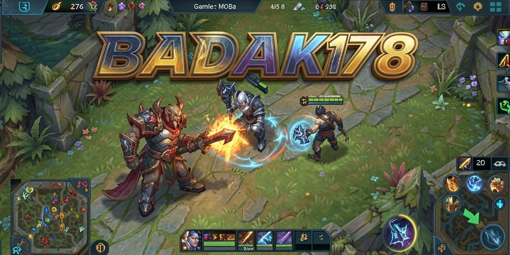 Tampilan seru gameplay <strong>BADAK178</strong> dalam pertempuran MOBA yang mendebarkan.