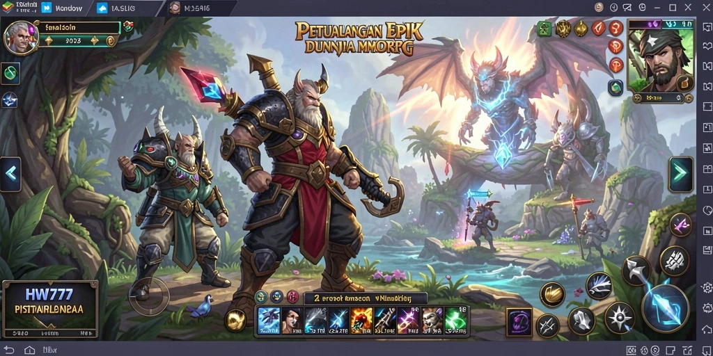 Tangkapan layar utama HW777 menampilkan aksi pertempuran yang mendebarkan dalam dunia MMORPG.