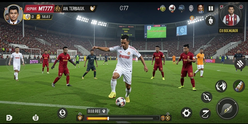 Screenshot MT777 menampilkan aksi seru di lapangan sepak bola.