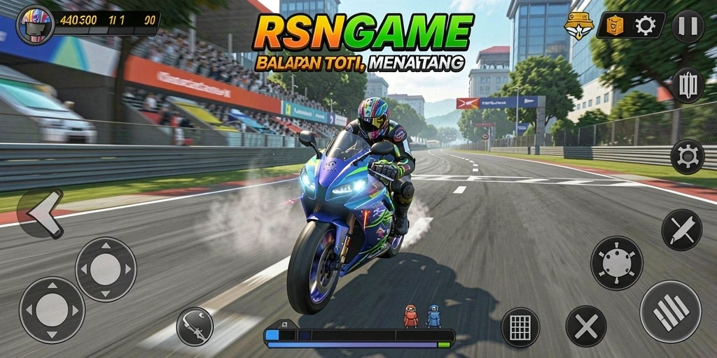 Tampilan gameplay RSNGAME yang penuh aksi balapan motor.
