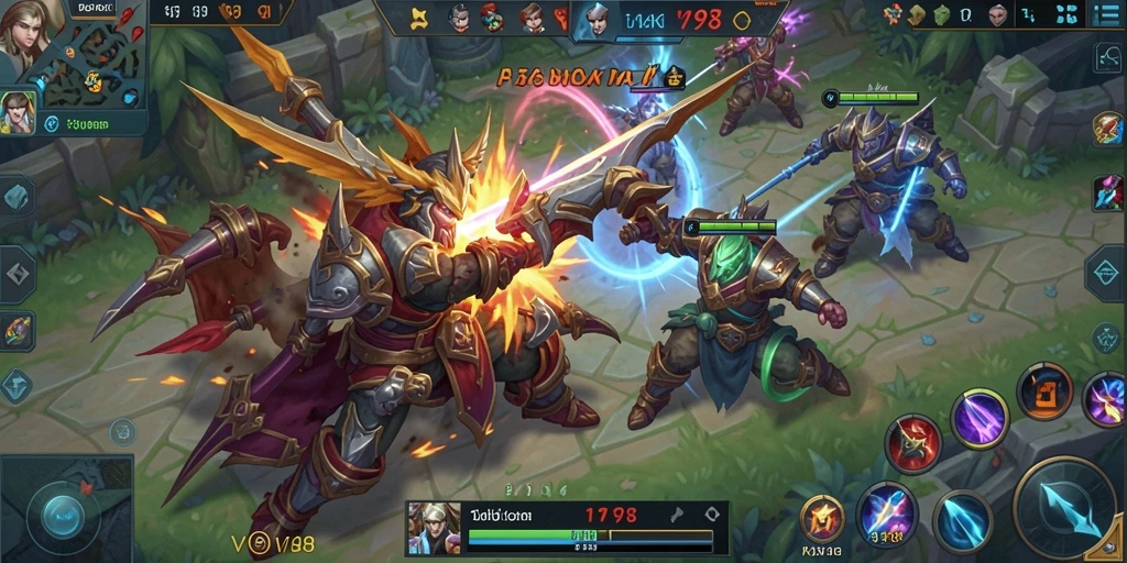 Screenshot utama V98 menunjukkan aksi pertarungan seru di arena MOBA.