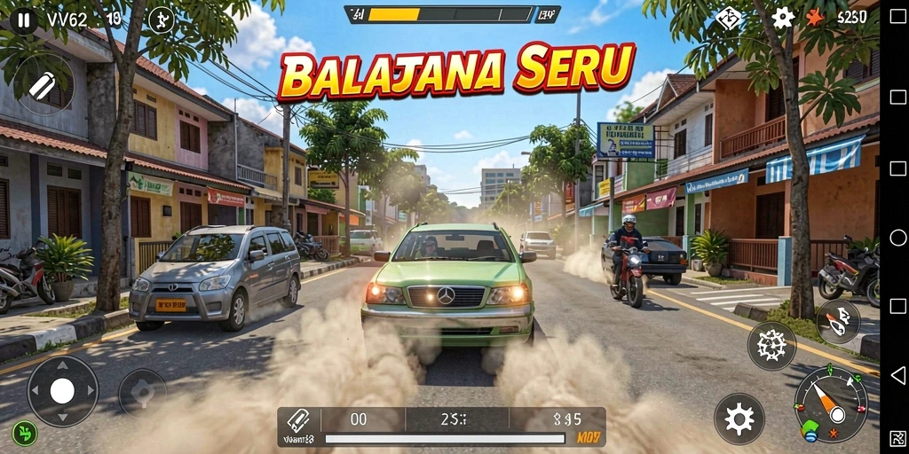 Tampilan screenshot VV62 menampilkan momen seru balapan di jalanan.
